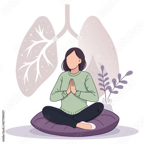 Vector art of woman in lotus position meditating for healthy lungs and breathing, promoting wellness and mindfulness practice