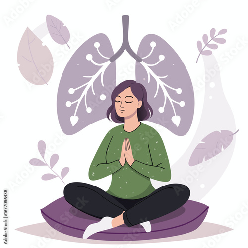 Vector art of woman in lotus position meditating for healthy lungs and breathing, promoting wellness and mindfulness practice