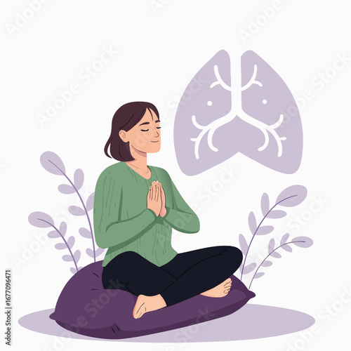 Vector art of woman in lotus position meditating for healthy lungs and breathing, promoting wellness and mindfulness practice