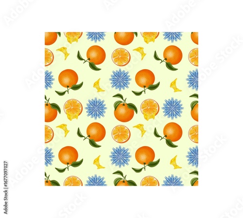 Christmas, new year, repeating pattern, oranges, fruits, slices, juice, leaves, foil snowflakes, on a delicate background, bright drawing