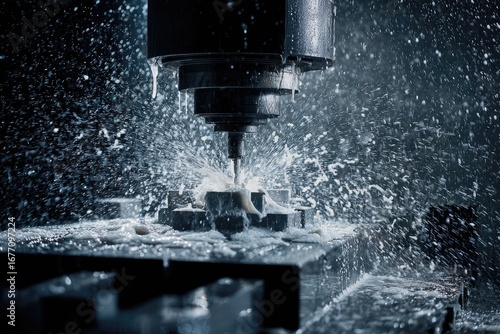 Close-up of a CNC machine tool cutting metal, coolant spray visible