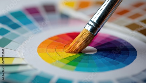 Close-up of a color wheel with a paintbrush