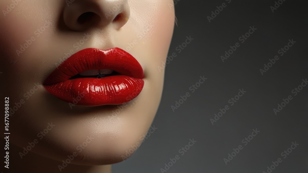 Obraz premium Close-up portrait of a woman's face, showcasing vibrant red lipstick and flawless skin.