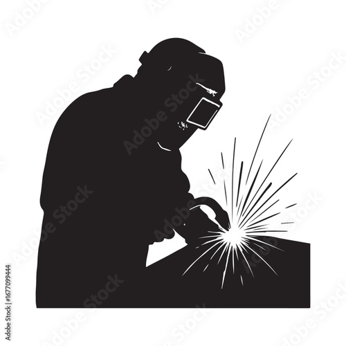 Skilled welder silhouette working with bright sparks and metal