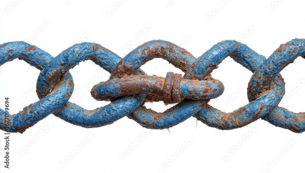 Obraz premium Rusty blue chain links against white background