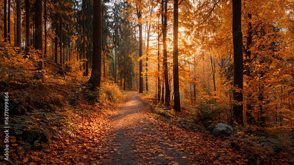 Obraz premium Enchanting autumn forest path with golden light filtering through trees creates a peaceful, calming atmosphere