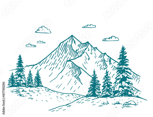 Hand drawn vector landscape with mountains, trees in the mountains. Nature illustration with mountains and forest at a glance. Silhouette landscape sketch
