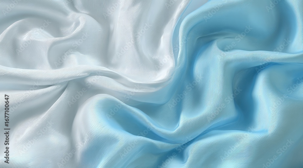 Fototapeta premium Soft, flowing, light blue and white silk fabric, draped in dynamic folds