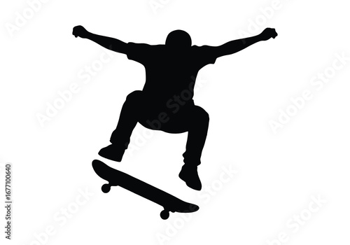 Dynamic silhouette of a skateboarder performing an aerial trick with arms extended