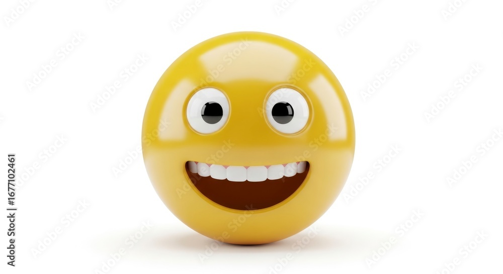 Fototapeta premium Yellow smileyface emoji with wide brightwhite teeth and big wide eyes It is set against a white background