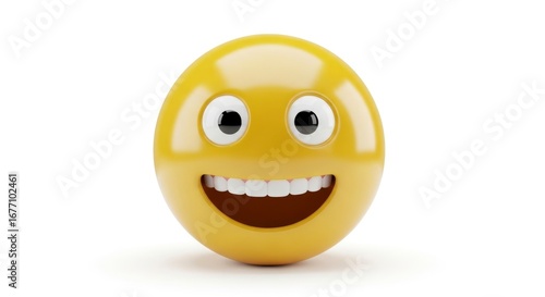 Yellow smileyface emoji with wide brightwhite teeth and big wide eyes It is set against a white background