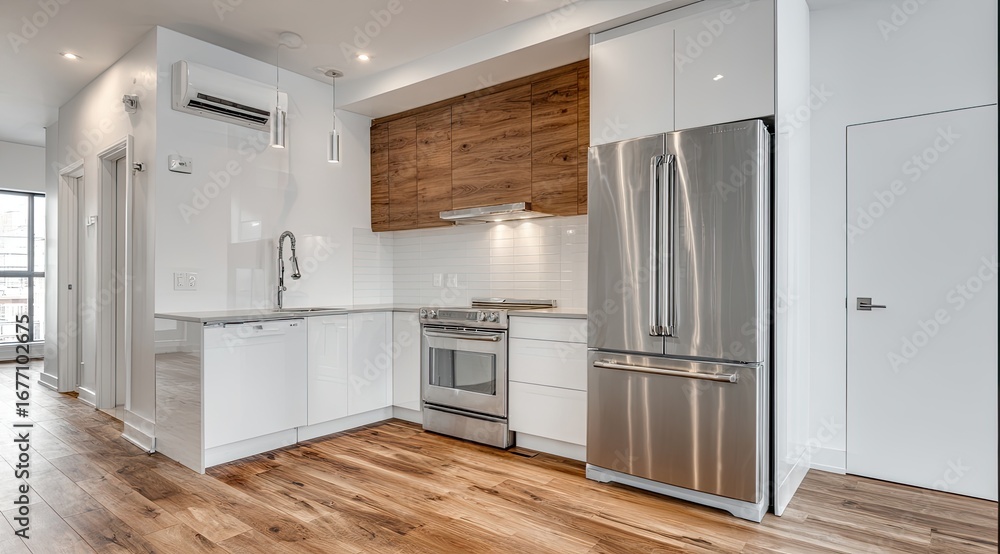 Fototapeta premium Modern, bright kitchen with white cabinets, wood accents, and stainless steel appliances