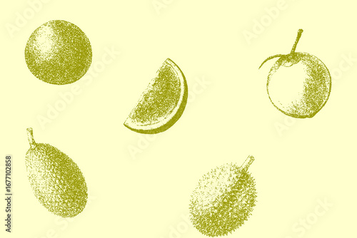Seamless Stipple Dotwork Tropical Fruit Pattern (Olive on Light Yellow)