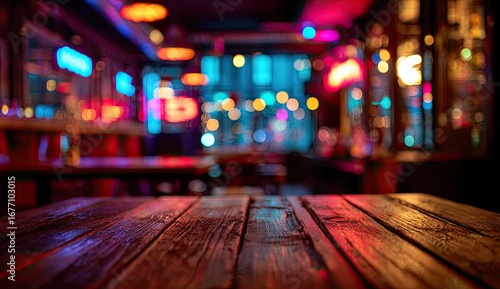 Rustic wooden table in a dimly lit, vibrant bar. Bokeh effect highlights colorful neon lights and blurred interior