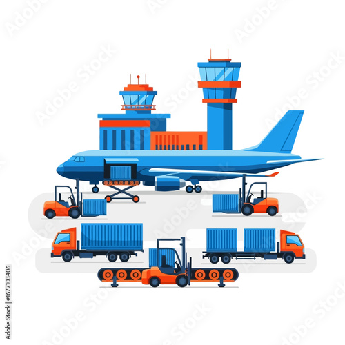 Logistics and transport services at the airport, cargo planes, and trucks at the cargo terminal with a control tower