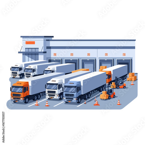 Freight Logistics Hub Trucks and Forklifts at the Loading Docks, Logistics, Cargo, Delivery, Shipping