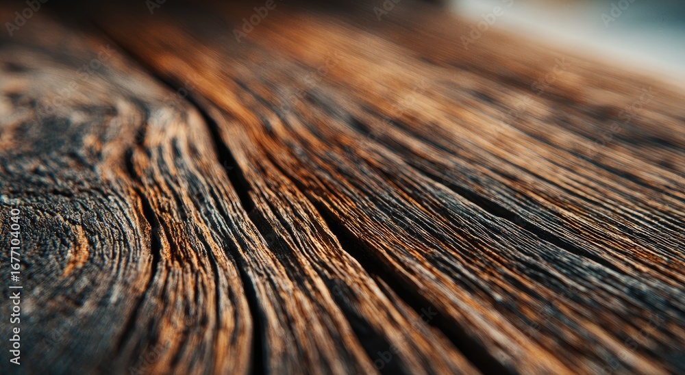 Fototapeta premium Close-up of weathered, dark wood grain. Rich, textured surface with visible wood lines and cracks. Warm tones of brown and dark brown. Natural, aged wood