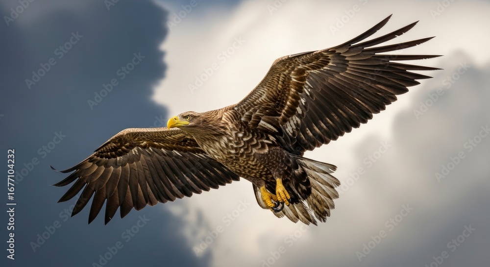 Fototapeta premium Eagle soars in a cloudy sky wings spread