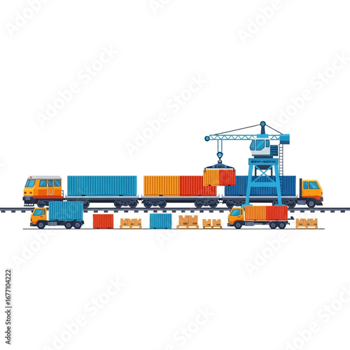 Automated intermodal freight terminal operations showing a crane transferring cargo containers between a freight train and trucks for efficient logistics
