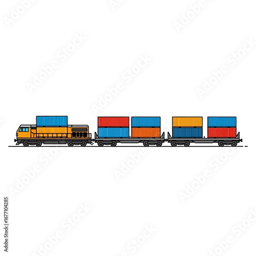 Freight train carrying cargo containers on flatbed cars.