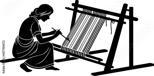 Silhouetted Woman Weaving at a Traditional Loom, Black and White Vector Illustration
