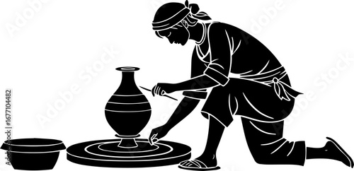 Silhouetted Potter Shaping a Vase on a Potter's Wheel, Black and White Vector Illustration