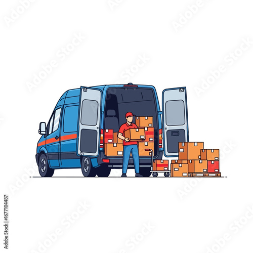 Courier in uniform carefully loading packages into a cargo vehicle for distribution. Logistics and freight industry concept isolated on white