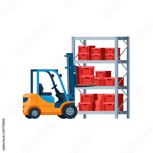Warehouse logistics and storage operations with a forklift truck moving cargo boxes on a pallet rack. Vector illustration for supply chain management