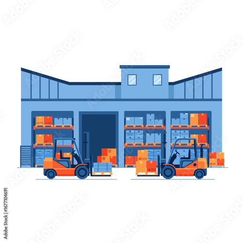 Warehouse Interior with Forklifts Moving Pallets of Boxes