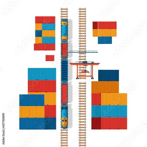 Overhead illustration of cargo train and stacked shipping containers at an industrial freight terminal. Capturing global logistics and efficient supply chain transportation