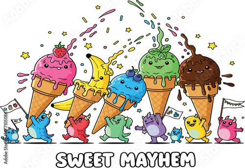 Cartoon ice cream cones with unique flavors and faces, surrounded by dancing creatures, flags, confetti, and bold “Sweet Mayhem” text
