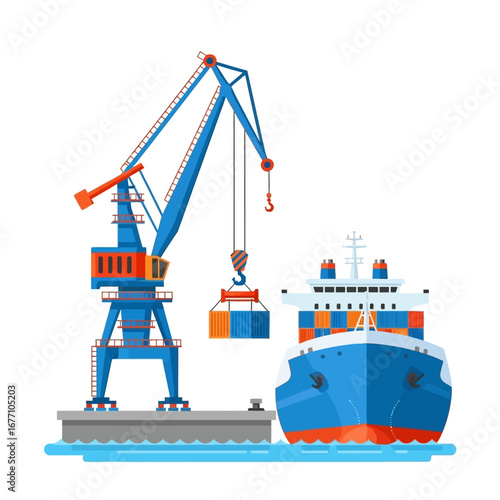 Harbor Scene Crane Loading Cargo Ship Illustration