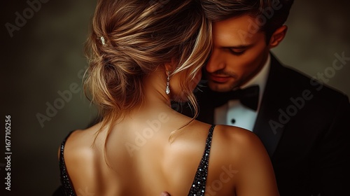 Romantic couple in embrace, elegant woman with up - do and sparkly earrings, man in formal tuxedo 