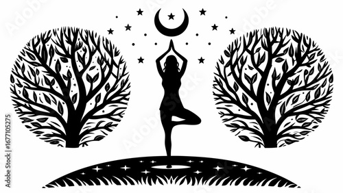 Silhouette of a woman in tree pose with moon and stars between two trees on a starry landscape backgroun