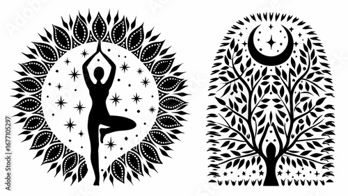 Silhouette yoga poses within sunburst and tree of life with moon and stars black and white illustration