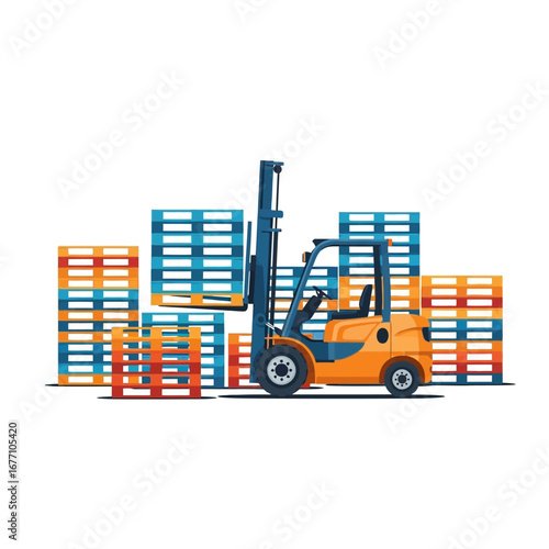 Forklift Operating Amidst Stacked Pallets Efficient Warehouse Logistics