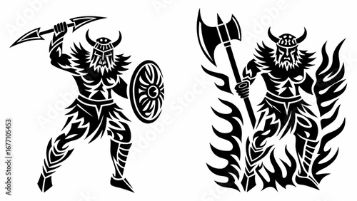 Two tribal viking warriors in black silhouette with spear shield and axe surrounded by flames design
