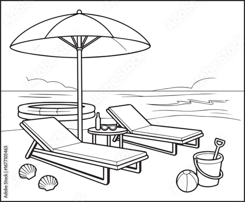 Hello summer with beautiful beach scenery vector outline coloring page for kids and adults 