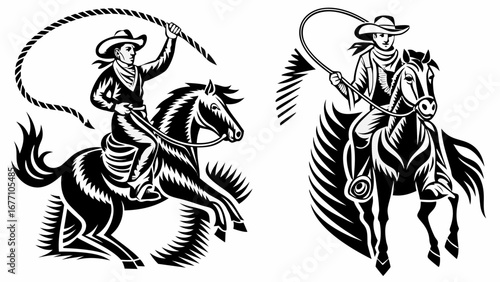 Two cowboys on horseback wielding lassos in black and white vector illustration design style art silhouette