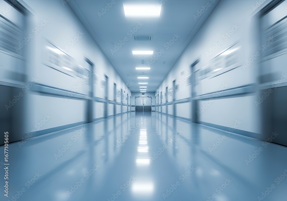 Fototapeta premium Modern sterile hospital corridor with bright lights and doors.