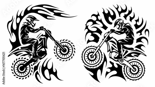 Two motorcycle riders with helmets surrounded by tribal flame designs in black and white illustration silhouette