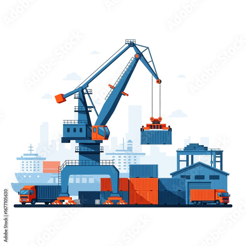 Bustling Seaport Vector Illustration Depicting Container Cranes Actively Loading Cargo Ships, Highlighting Global Trade, Supply Chain Efficiency, and International Logistics Operations