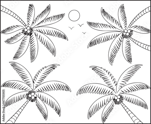 Hello summer with beautiful tree and sky in natural scenery vector outline coloring page for kids and adults 