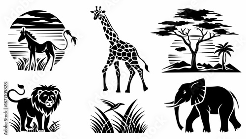 Black and white vector illustration of african animals and plants in a scenic arrangement design silhouette