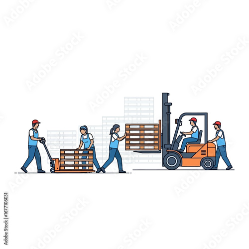 Warehouse Team Working Together Loading and Transporting Pallets for Efficient Logistics