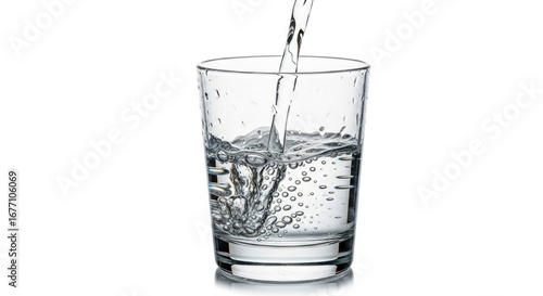 A clear glass is being filled with water creating splashes and bubbles