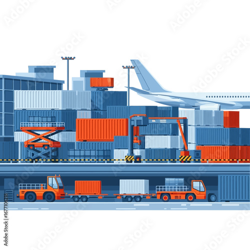 Global logistics and cargo transportation with airplanes, trucks, and shipping containers at a modern port facility