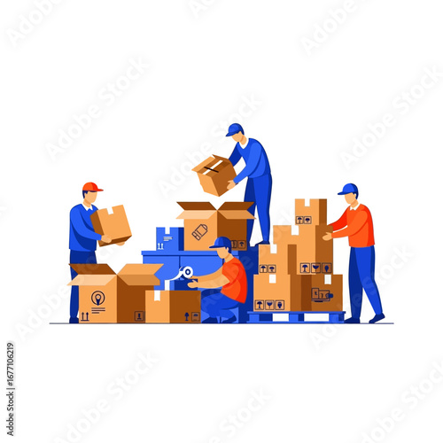 Professional team efficiently organizing and transporting packages, highlighting the collaborative process of logistics, warehousing, and goods distribution with careful handling