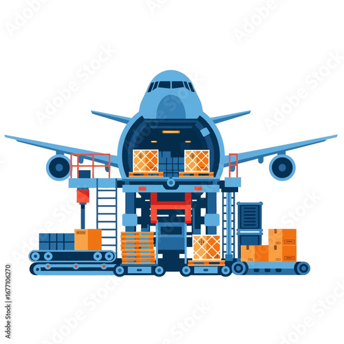 Global logistics and air freight transportation concept showing a cargo plane being loaded with pallets and boxes for international shipping