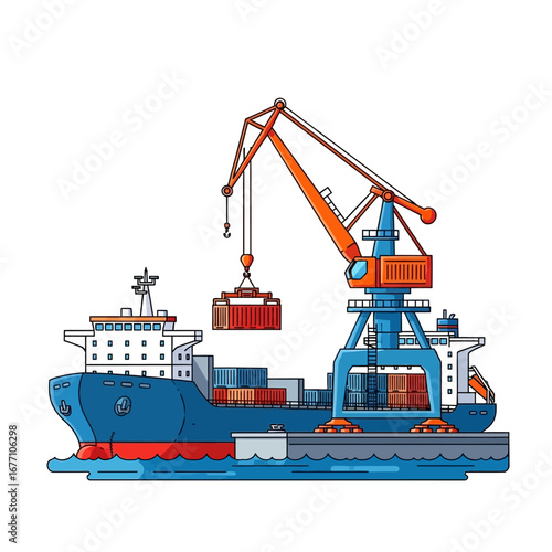 Container Ship Being Loaded at Port with Crane International Shipping Illustration
